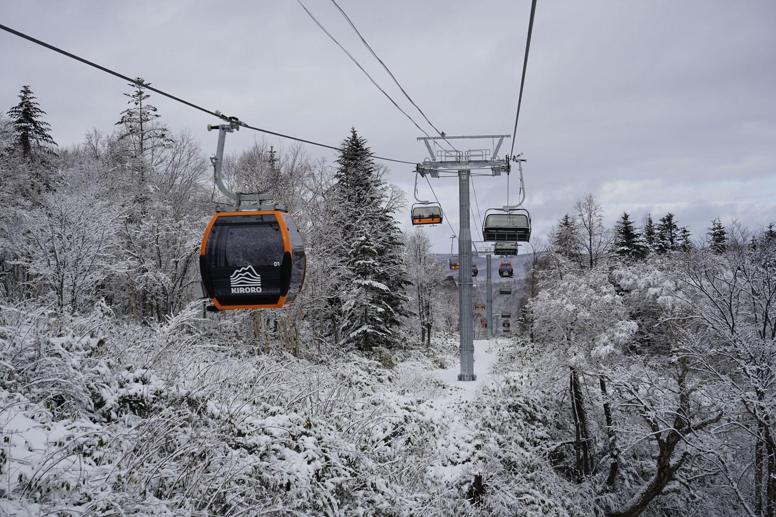 Gondolas above snowy forest at Kiroro Peak